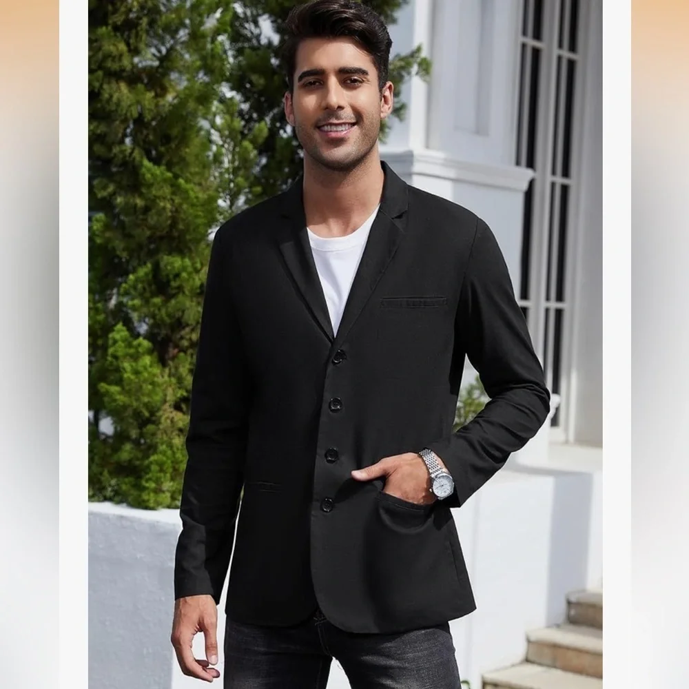 NWT Men's Casual Coat Lightweight Linen Blazer Regular Fit Sports Coat Black L